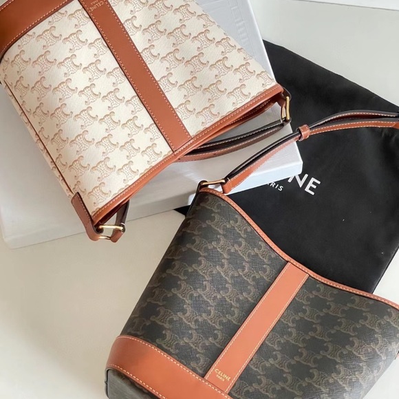 SOLD Authentic CELINE SMALL BUCKET IN TRIOMPHE CANVAS AND CALFSKIN in TAN - Picture 12 of 13